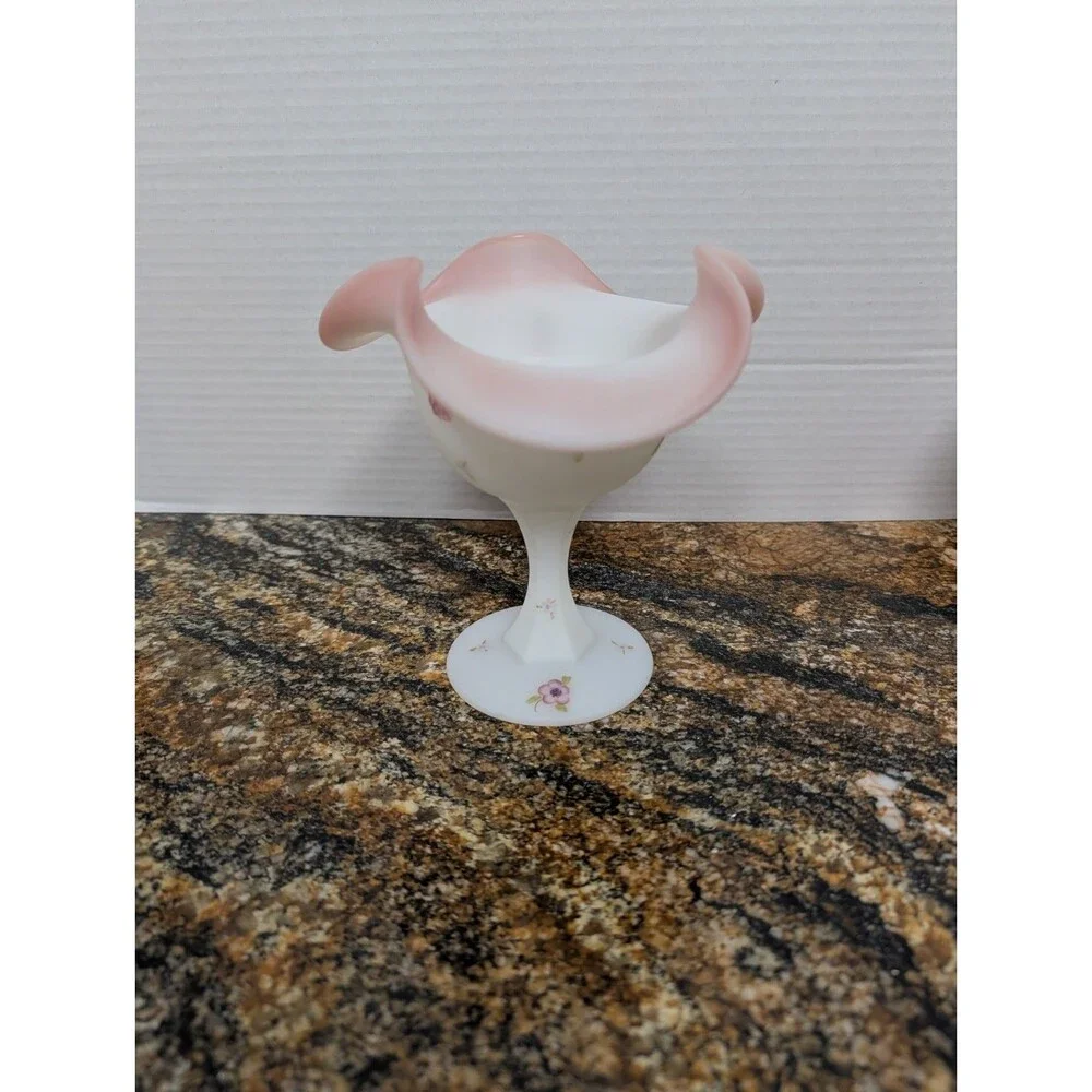 Pink Fenton Flower Burmese Glass Rose Bowl And Cabbage Compote MCM Uranium